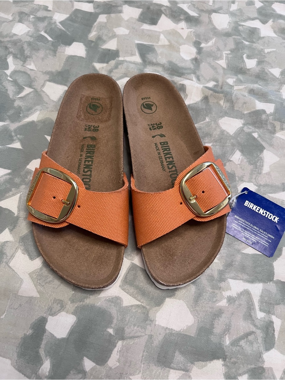 Birkenstock Women’s Orange Single-Band Slide Sandals with Gold Buckle - Picture 2 of 4